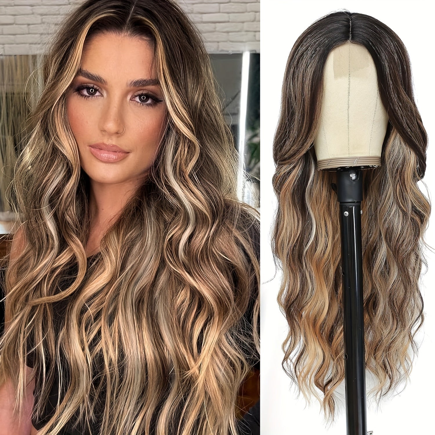 4*1 U-Part Lace Front Long Wigs For Women Middle Part Wavy Curly Wig With Dark Roots Synthetic Heat Resistant Fiber Wig For Daily Party Use (Brown With Blonde)